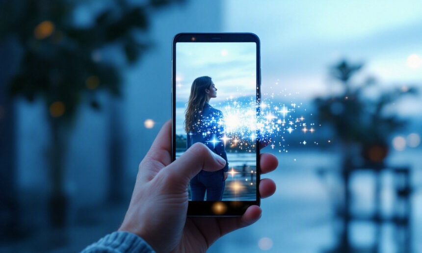 En hånd holder en smartphone, hvor der vises et billede af en kvinde, der står udenfor. Glitrende blå digitale effekter ser ud til at strømme ud af telefonen og blander den virtuelle og den virkelige verden på en kreativ og magisk måde. - Kunstig intelligens AI