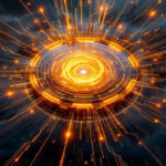 En glødende, futuristisk cirkulær grænseflade i orange og guld udsender digitale stråler udad mod en mørk, overskyet baggrund, der leder tankerne hen på avanceret teknologi eller en sci-fi-energikerne. - Kunstig intelligens AI