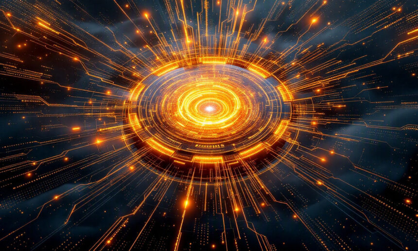 En glødende, futuristisk cirkulær grænseflade i orange og guld udsender digitale stråler udad mod en mørk, overskyet baggrund, der leder tankerne hen på avanceret teknologi eller en sci-fi-energikerne. - Kunstig intelligens AI