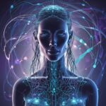 En futuristisk, lysende kvindeskikkelse med oplyste neurale netværk og kredsløb, omgivet af elektriske blå og lilla lysmønstre, der symboliserer kunstig intelligens og avanceret teknologi. - Kunstig intelligens AI