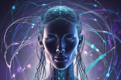 En futuristisk, lysende kvindeskikkelse med oplyste neurale netværk og kredsløb, omgivet af elektriske blå og lilla lysmønstre, der symboliserer kunstig intelligens og avanceret teknologi. - Kunstig intelligens AI