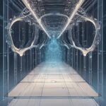 En futuristisk, symmetrisk gang med lysende blå lys, gennemsigtige vægge og indviklede mønstre, der minder om kredsløb, hvilket skaber en højteknologisk sci-fi-stemning. - Kunstig intelligens AI