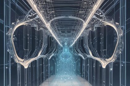 En futuristisk, symmetrisk gang med lysende blå lys, gennemsigtige vægge og indviklede mønstre, der minder om kredsløb, hvilket skaber en højteknologisk sci-fi-stemning. - Kunstig intelligens AI