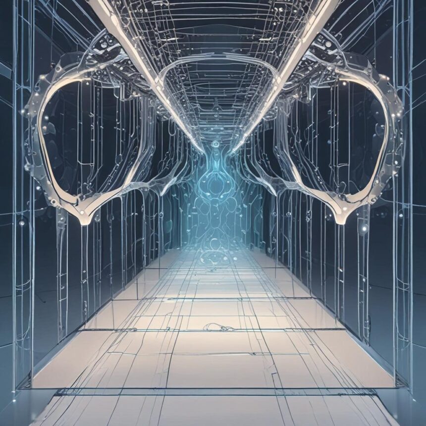 En futuristisk, symmetrisk gang med lysende blå lys, gennemsigtige vægge og indviklede mønstre, der minder om kredsløb, hvilket skaber en højteknologisk sci-fi-stemning. - Kunstig intelligens AI