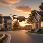 En drone svæver over en stille forstadsgade ved solnedgang, omgivet af moderne huse og træer, mens himlen er badet i et varmt skær. - Kunstig intelligens AI