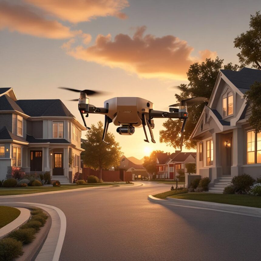 En drone svæver over en stille forstadsgade ved solnedgang, omgivet af moderne huse og træer, mens himlen er badet i et varmt skær. - Kunstig intelligens AI