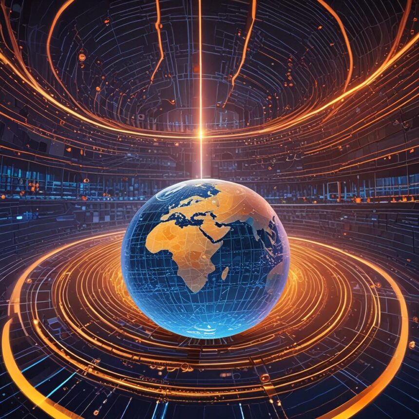 En digital globus, der viser Afrika og Europa, svæver midt i lysende orange og blå cirkulære mønstre, hvilket antyder et futuristisk eller teknologisk tema med sammenkoblede globale netværk. - Kunstig intelligens AI