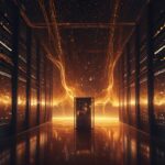 Et lysende serverrum, hvor orange datastrømme hvirvler hen over mørke serverreoler og skaber en futuristisk og højteknologisk atmosfære. - Kunstig intelligens AI