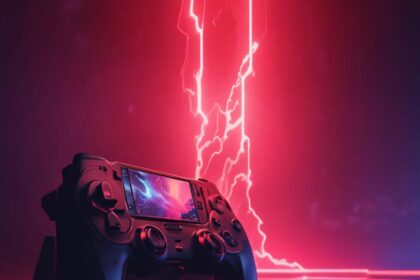 En sort gamecontroller ligger på en blank overflade med et lysende lyserødt lyn og neonlys i baggrunden, hvilket skaber en futuristisk stemning. - Kunstig intelligens AI
