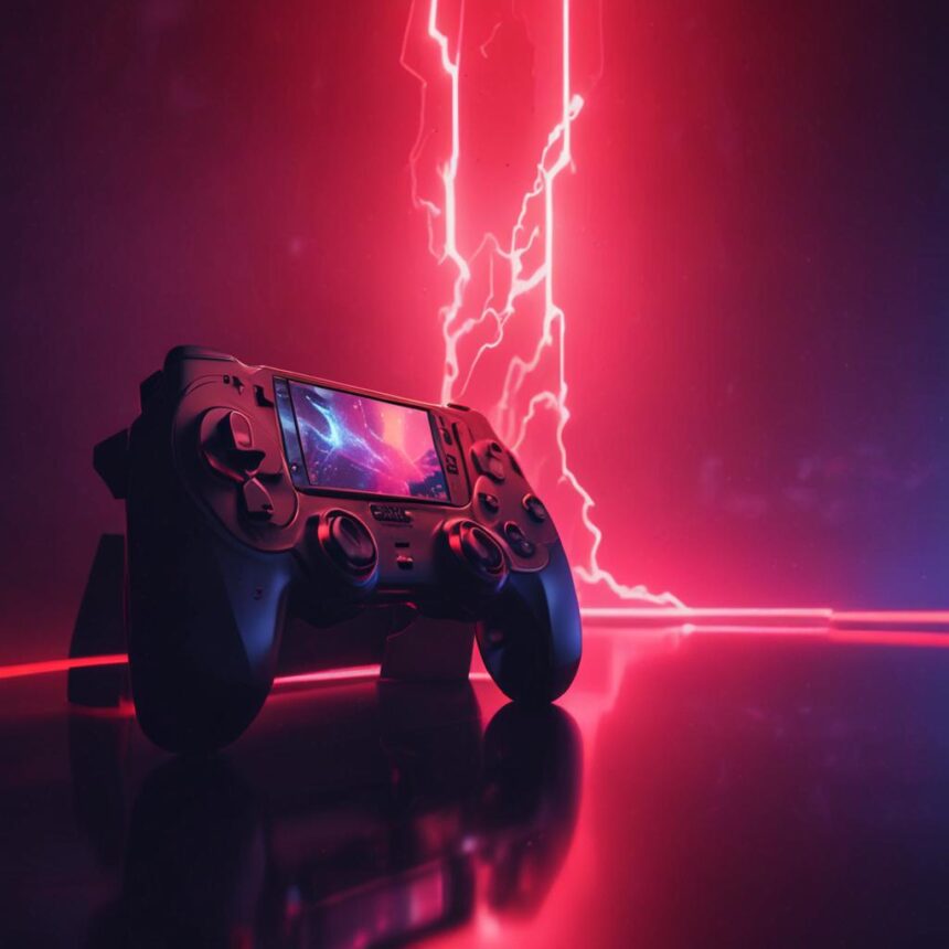 En sort gamecontroller ligger på en blank overflade med et lysende lyserødt lyn og neonlys i baggrunden, hvilket skaber en futuristisk stemning. - Kunstig intelligens AI