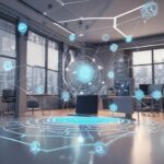 Et moderne kontor med skriveborde og computere er prydet med futuristiske, blå digitale hologrammer og netværksikoner, der svæver over et bord, hvilket antyder avanceret teknologi eller koncepter inden for virtuelle netværk. - Kunstig intelligens AI