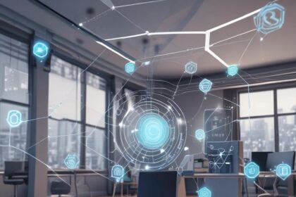 Et moderne kontor med skriveborde og computere er prydet med futuristiske, blå digitale hologrammer og netværksikoner, der svæver over et bord, hvilket antyder avanceret teknologi eller koncepter inden for virtuelle netværk. - Kunstig intelligens AI