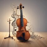 En violin står oprejst på et trægulv ved siden af en tændt lysestage, mens der i baggrunden kunstfærdigt stiger hvirvlende noder og linjer op. - Kunstig intelligens AI