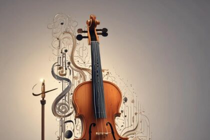 En violin står oprejst på et trægulv ved siden af en tændt lysestage, mens der i baggrunden kunstfærdigt stiger hvirvlende noder og linjer op. - Kunstig intelligens AI