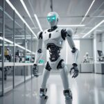 En humanoid robot med lysende blå øjne står i et moderne, lyst laboratorium fyldt med glasvægge, udstyr og en anden robot, der arbejder i baggrunden. - Kunstig intelligens AI