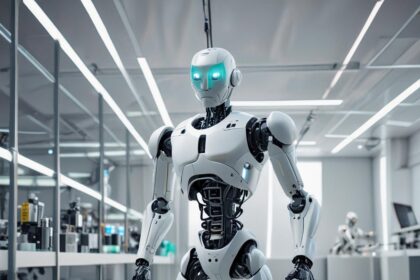 En humanoid robot med lysende blå øjne står i et moderne, lyst laboratorium fyldt med glasvægge, udstyr og en anden robot, der arbejder i baggrunden. - Kunstig intelligens AI