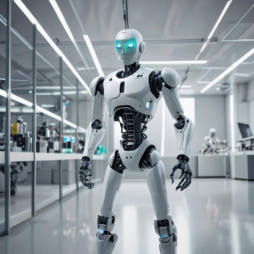 En humanoid robot med lysende blå øjne står i et moderne, lyst laboratorium fyldt med glasvægge, udstyr og en anden robot, der arbejder i baggrunden. - Kunstig intelligens AI