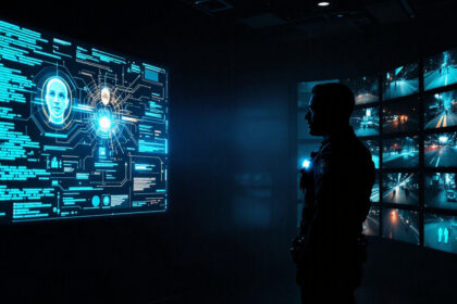 En person står i et mørkt rum med udsigt til en stor digital skærm, der viser ansigtsgenkendelsesdata, mens der på flere skærme i nærheden vises optagelser fra overvågningskameraer. - Kunstig intelligens AI