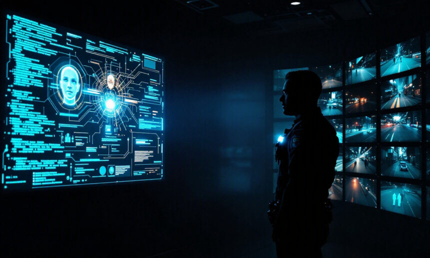 En person står i et mørkt rum med udsigt til en stor digital skærm, der viser ansigtsgenkendelsesdata, mens der på flere skærme i nærheden vises optagelser fra overvågningskameraer. - Kunstig intelligens AI