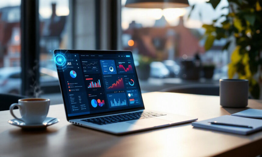 En bærbar computer, der viser farverige diagrammer og grafer på skærmen, står på et træbord sammen med en kaffekop i en hyggelig café med store vinduer og et sløret udsyn til omgivelserne i baggrunden. - Kunstig intelligens AI