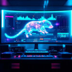 Et musikstudie med neonlys, højttalere og en stor skærm, der viser en lysende digital rotte og lydbølgeformer, hvor teknologi og kreativitet smelter sammen. - Kunstig intelligens AI
