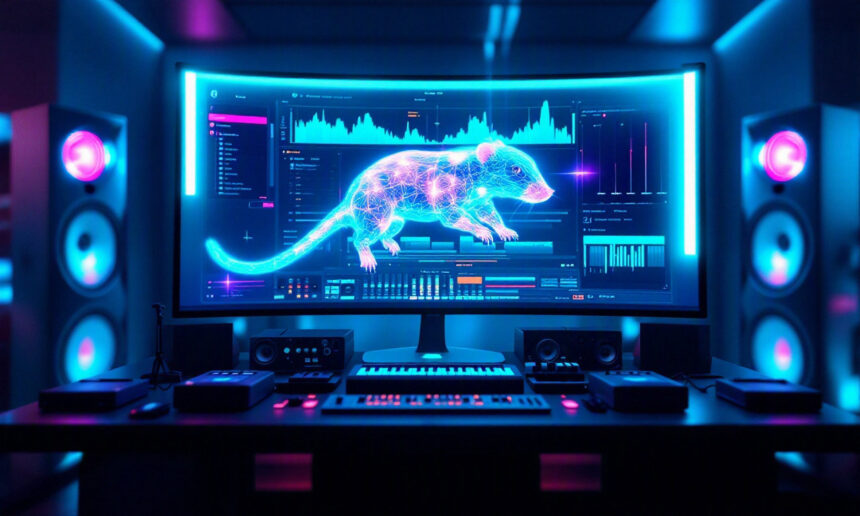 Et musikstudie med neonlys, højttalere og en stor skærm, der viser en lysende digital rotte og lydbølgeformer, hvor teknologi og kreativitet smelter sammen. - Kunstig intelligens AI