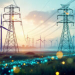 Højspændingsledninger og master strækker sig på tværs af et landskab med talrige vindmøller ved solopgang og fremkalder et billede af en blanding af vedvarende energi og moderne el-infrastruktur. Lysende blå lys tegner en sti nedenfor. - Kunstig intelligens AI