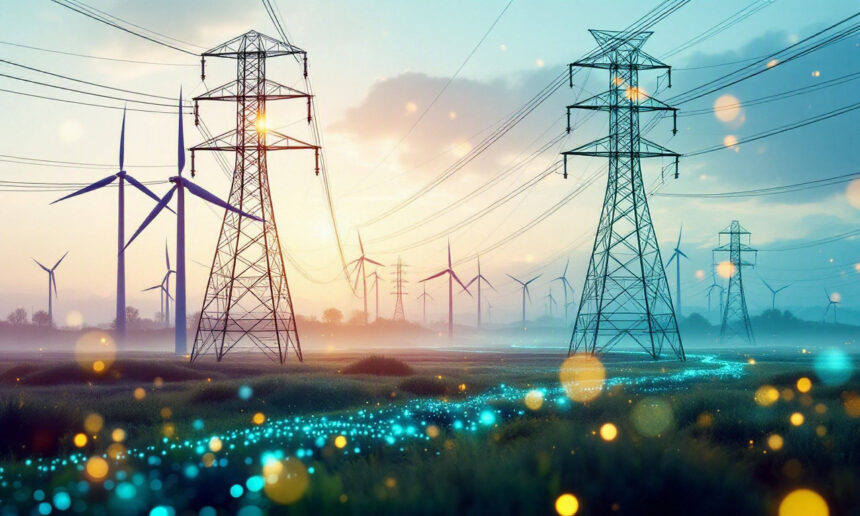 Højspændingsledninger og master strækker sig på tværs af et landskab med talrige vindmøller ved solopgang og fremkalder et billede af en blanding af vedvarende energi og moderne el-infrastruktur. Lysende blå lys tegner en sti nedenfor. - Kunstig intelligens AI