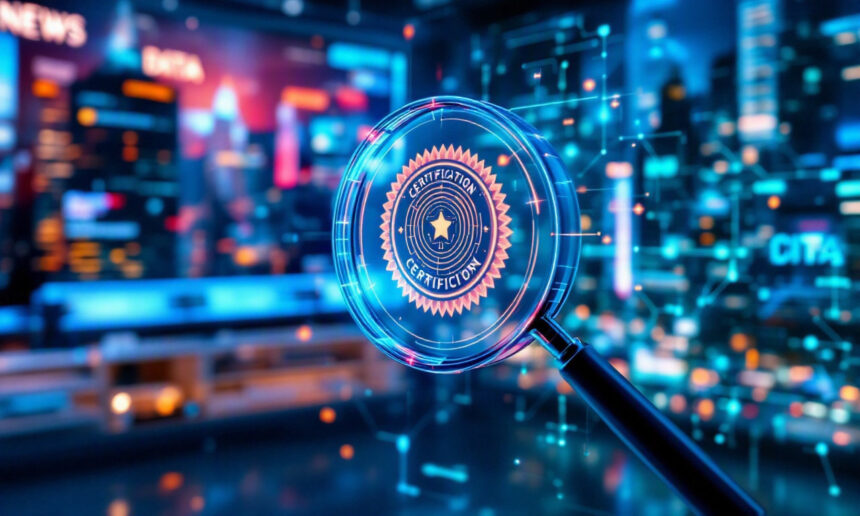 Et forstørrelsesglas fokuserer på et digitalt certificeringsmærke med en stjerne, der er placeret foran en sløret baggrund af et højteknologisk nyhedsredaktionslokale med lysende bylys og abstrakte datagrafikker. - Kunstig intelligens AI