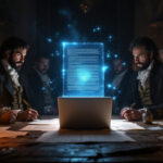 En gruppe mænd i tøj fra det 18. århundrede sidder omkring et bord oplyst af stearinlys og har blikket rettet mod en lysende, holografisk skærm med tekst, hvor historiske og futuristiske elementer smelter sammen i et mørkt, dramatisk rum. - Kunstig intelligens AI