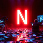 Et lysende rødt N dominerer et mørkt rum. En figur, der er dækket af lys, filmer med et kamera, mens en anden arbejder ved en skærm. Spredte digitale skærme og neonlys skaber en futuristisk scene præget af avanceret teknologi. - Kunstig intelligens AI