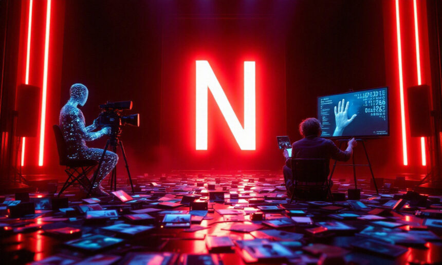 Et lysende rødt N dominerer et mørkt rum. En figur, der er dækket af lys, filmer med et kamera, mens en anden arbejder ved en skærm. Spredte digitale skærme og neonlys skaber en futuristisk scene præget af avanceret teknologi. - Kunstig intelligens AI