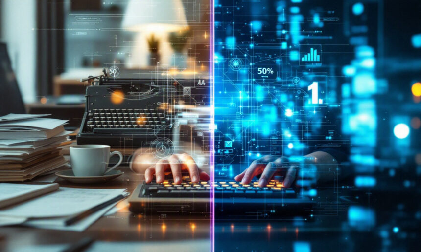 Et delt billede viser til venstre en person, der skriver på en gammel skrivemaskine, og til højre et moderne tastatur med digitale datagrafikker, hvilket symboliserer teknologiens udvikling. - Kunstig intelligens AI