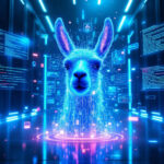 En lysende digital lama af blåt lys dukker op i et futuristisk serverrum, omgivet af svævende kodevinduer og neonlys, der symboliserer kunstig intelligens og teknologi. - Kunstig intelligens AI