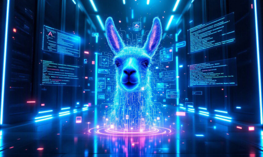 En lysende digital lama af blåt lys dukker op i et futuristisk serverrum, omgivet af svævende kodevinduer og neonlys, der symboliserer kunstig intelligens og teknologi. - Kunstig intelligens AI