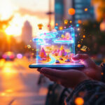 En person står på en gade i byen ved solnedgang og holder en smartphone, hvor der vises et levende holografisk bybillede med biler, palmer og svævende ikoner, der dukker op fra skærmen. - Kunstig intelligens AI