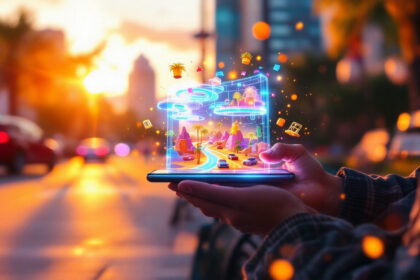 En person står på en gade i byen ved solnedgang og holder en smartphone, hvor der vises et levende holografisk bybillede med biler, palmer og svævende ikoner, der dukker op fra skærmen. - Kunstig intelligens AI