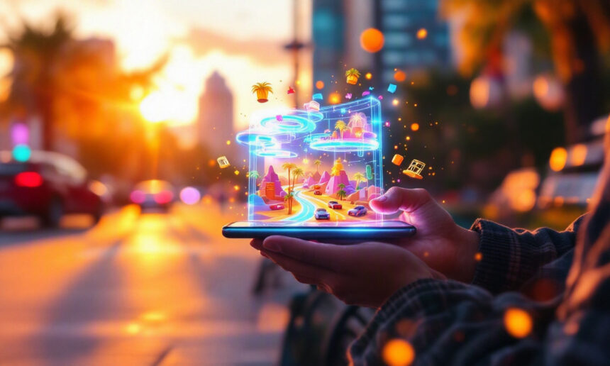 En person står på en gade i byen ved solnedgang og holder en smartphone, hvor der vises et levende holografisk bybillede med biler, palmer og svævende ikoner, der dukker op fra skærmen. - Kunstig intelligens AI