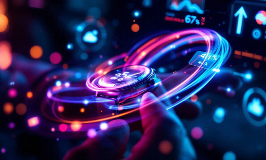 En hånd rører ved et smartur, der viser lysende neonringe og futuristiske digitale diagrammer, der symboliserer teknologi, data og innovation midt i livlige, farverige lys. - Kunstig intelligens AI