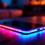 En smartphone med lysende neonlys langs kanterne ligger på en træoverflade i et svagt oplyst rum, hvilket skaber en farverig og futuristisk effekt. - Kunstig intelligens AI
