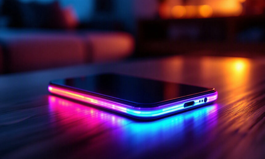 En smartphone med lysende neonlys langs kanterne ligger på en træoverflade i et svagt oplyst rum, hvilket skaber en farverig og futuristisk effekt. - Kunstig intelligens AI