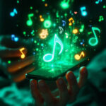 En hånd holder en smartphone, hvor der svæver farverige, lysende noder og symboler over den, hvilket antyder musikstreaming eller en magisk oplevelse med en musikapp. - Kunstig intelligens AI