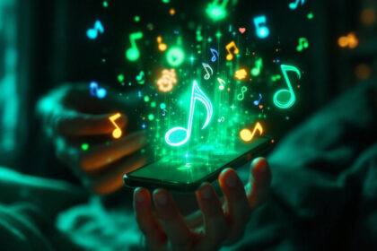 En hånd holder en smartphone, hvor der svæver farverige, lysende noder og symboler over den, hvilket antyder musikstreaming eller en magisk oplevelse med en musikapp. - Kunstig intelligens AI