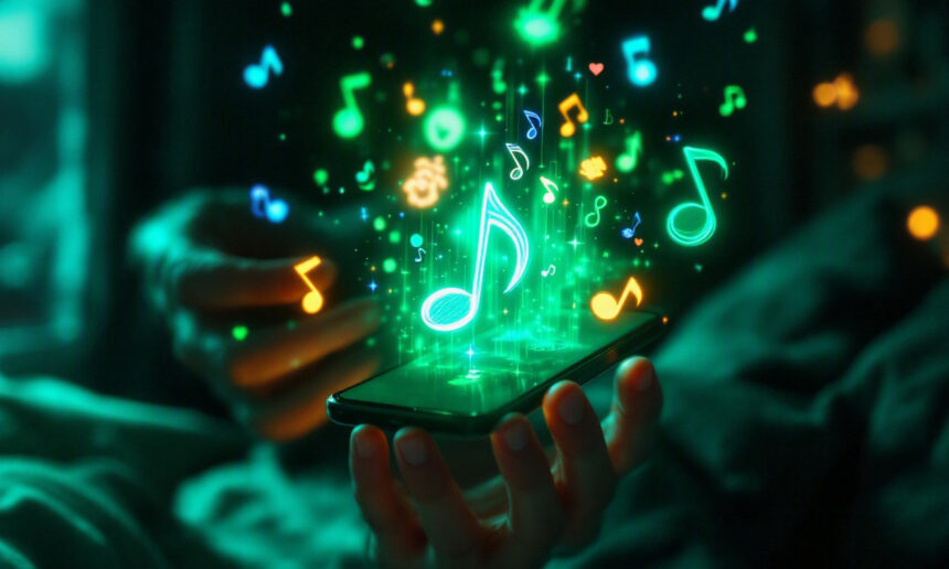 En hånd holder en smartphone, hvor der svæver farverige, lysende noder og symboler over den, hvilket antyder musikstreaming eller en magisk oplevelse med en musikapp. - Kunstig intelligens AI