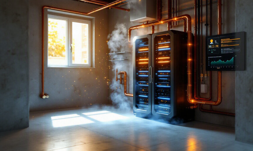 Et serverrum med lysende servere, der udsender røg og gnister, omgivet af kobberrør, sollys, der strømmer ind gennem et vindue, og en vægmonteret skærm, der viser data og grafer. - Kunstig intelligens AI