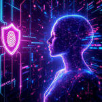 En lysende digital menneskefigur står over for et symbol i form af et fingeraftryksskjold omgivet af neonfarvede datalinjer, hvilket symboliserer cybersikkerhed og beskyttelse af digital identitet i et futuristisk miljø. - Kunstig intelligens AI