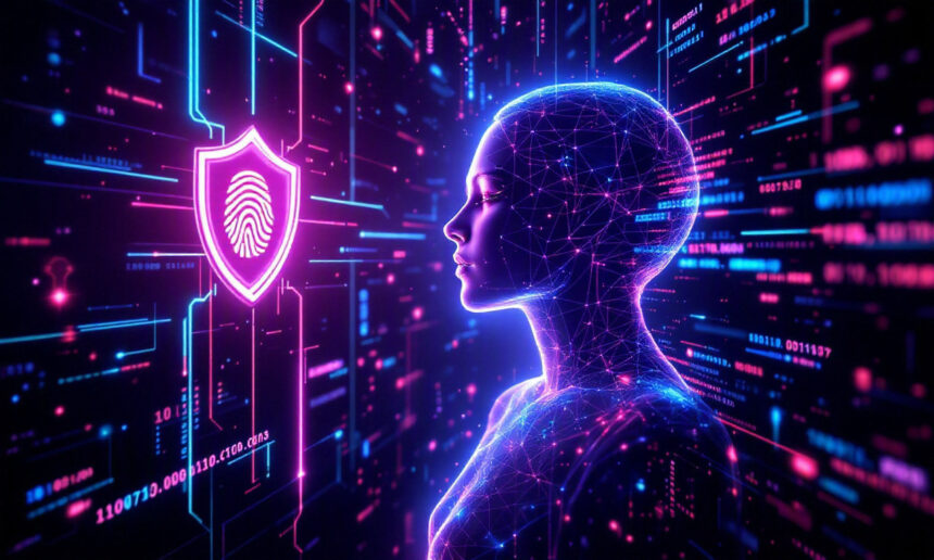 En lysende digital menneskefigur står over for et symbol i form af et fingeraftryksskjold omgivet af neonfarvede datalinjer, hvilket symboliserer cybersikkerhed og beskyttelse af digital identitet i et futuristisk miljø. - Kunstig intelligens AI