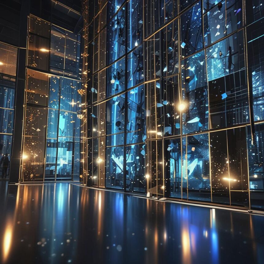 Høje glaspaneler og blå lys oplyser et moderne, futuristisk interiør. Svævende glasskår og glødende refleksioner skaber en dynamisk, højteknologisk atmosfære i det elegante rum. - Kunstig intelligens AI