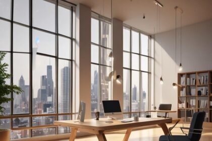 Moderne kontor med store vinduer, udsigt over byens skyline, et træskrivebord med computer, en kontorstol på hjul, bogreoler og pendellamper. Sollyset fylder rummet og skaber en lys og indbydende atmosfære på arbejdspladsen. - Kunstig intelligens AI