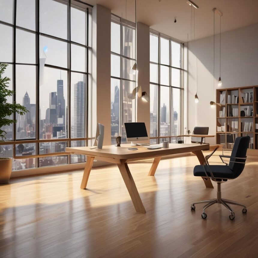 Moderne kontor med store vinduer, udsigt over byens skyline, et træskrivebord med computer, en kontorstol på hjul, bogreoler og pendellamper. Sollyset fylder rummet og skaber en lys og indbydende atmosfære på arbejdspladsen. - Kunstig intelligens AI